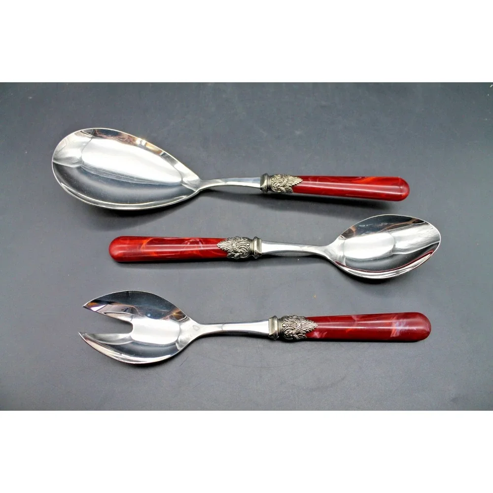 EME Napoleon Italy 3 Pc Serving Set Red Marbled Handles Salad Spoon Fork
